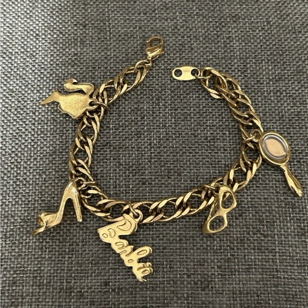 Avon Gold Tone Kids Charm Bracelet - Shoes, Sunglasses, Mirror, 'Barbie' Charm
